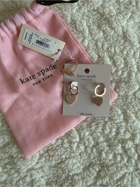 Kate Spade Rose Gold Heart Hoop Earrings and Ring with Pink Pouch